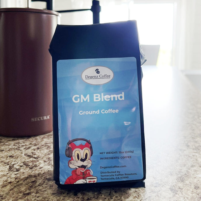 A bag of GM Coffee Blend from Degenz Coffee on a kitchen counter