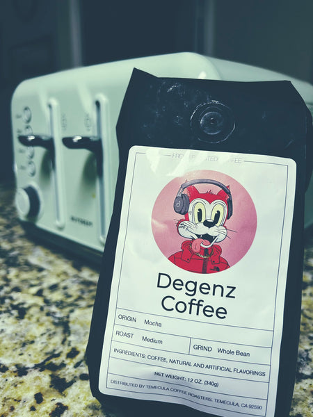 A bag of Mocha flavored coffee by Degenze Coffee on a kitchen counter