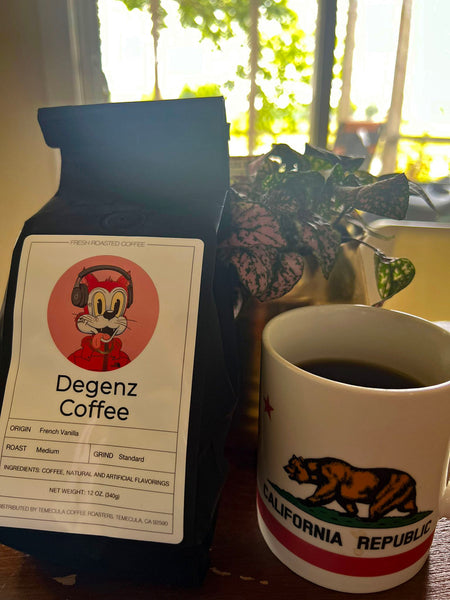 Happy customer takes photo of bag of French Vanilla flavored coffee from Degenz Coffee